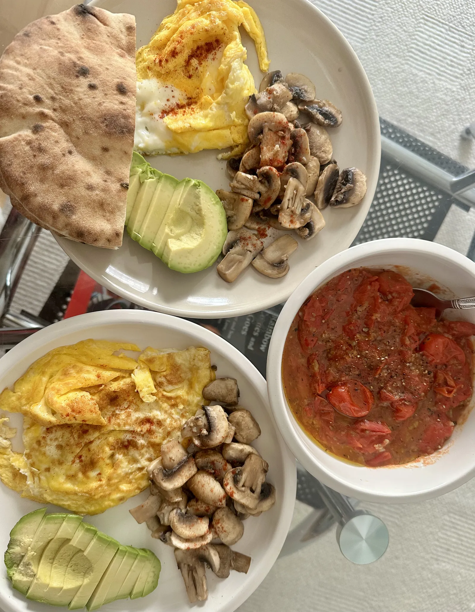 Egg Scramble + Mushroom Stir Fry + Avocado + Tomato Sauce + Pita Bread