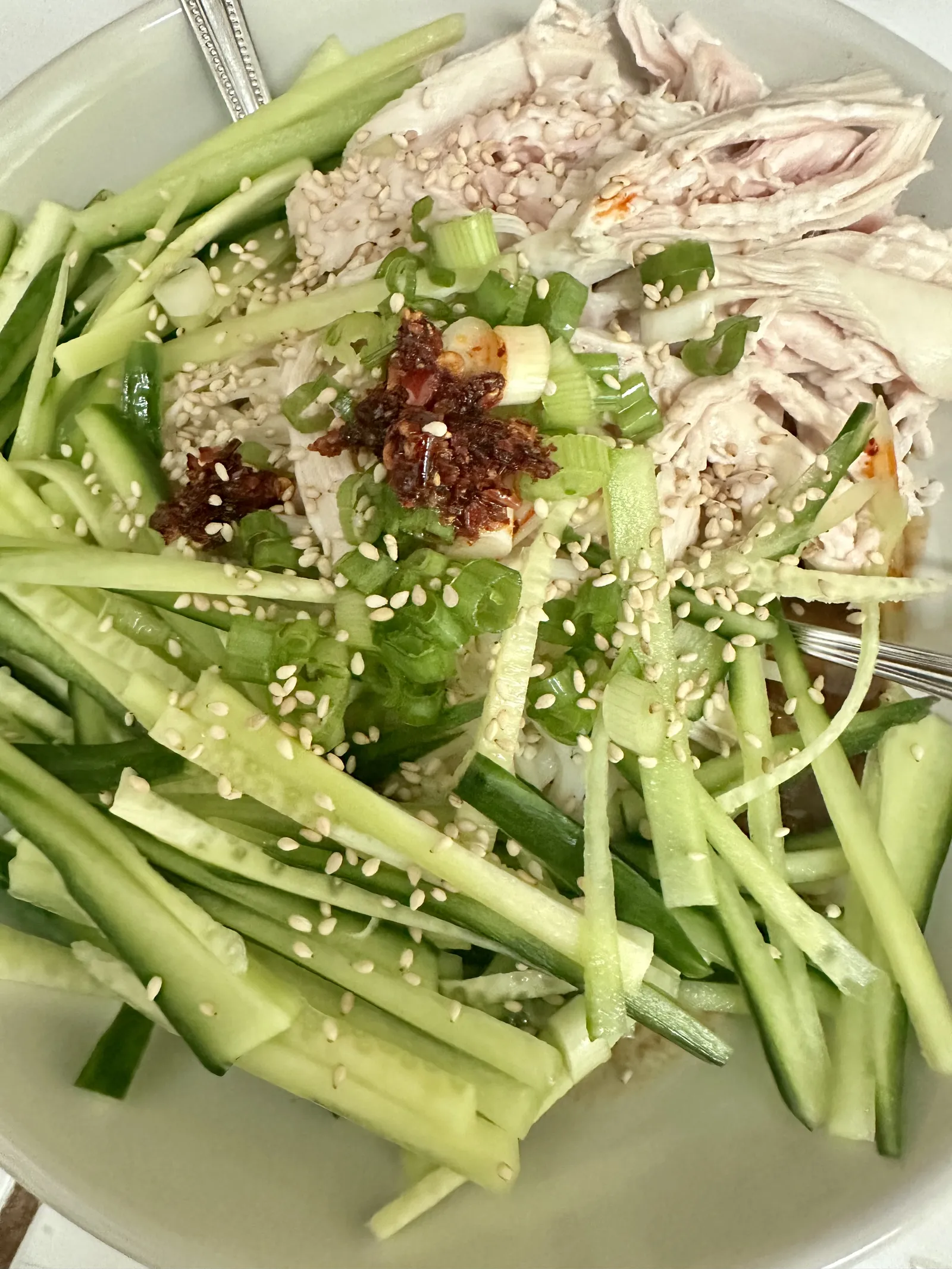 A plate of Taiwanese cold noodles topped with cucumber slivers, shredded chicken, green onion, sesame seeds, and chili crisp.