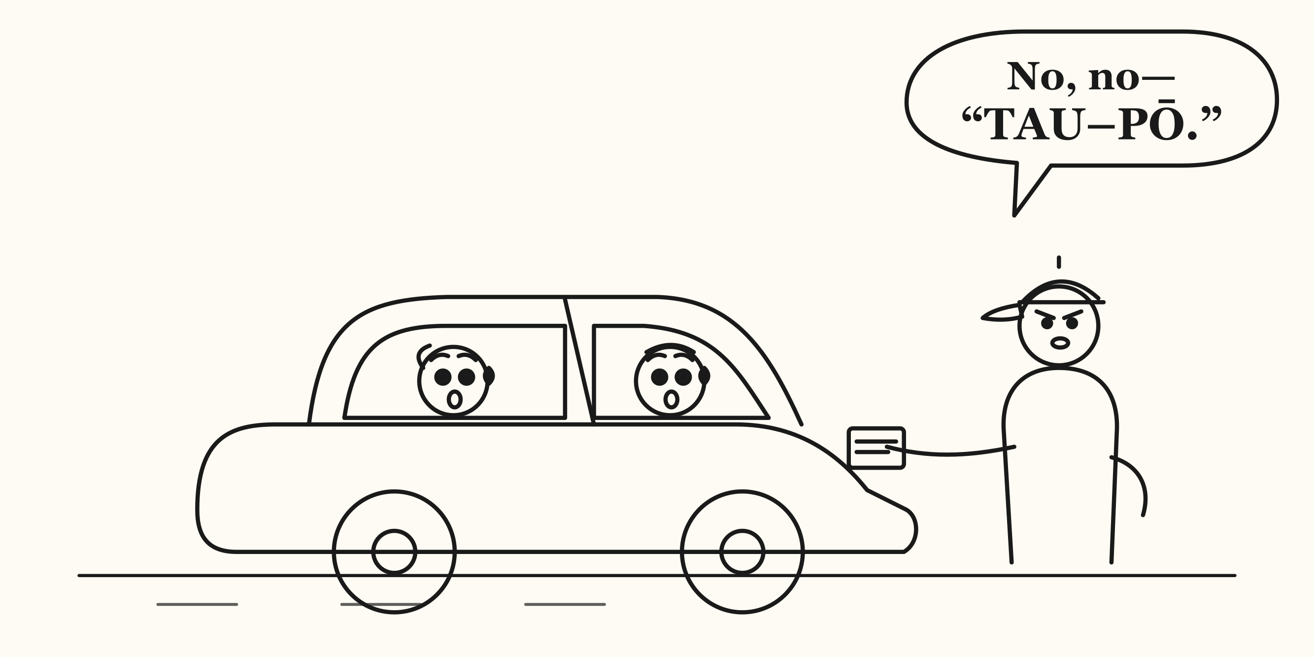 A black-ink cartoon: two wide-eyed tourists gasp inside their car while a stern, peaked-cap highway patrol officer at the window holds out a ticket and says, 'No, no—TAU-PŌ.'